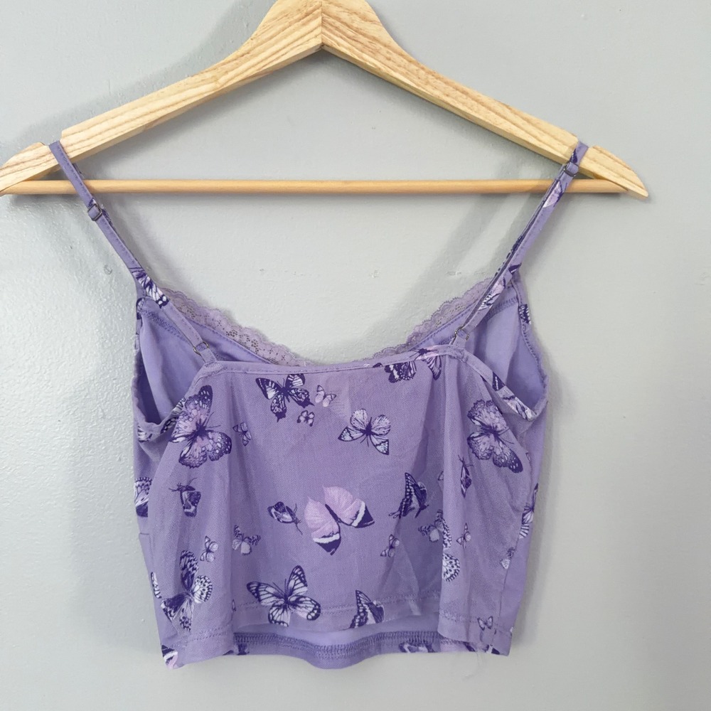 Full Tilt Cami Purple Butterfly Babydoll Festival Lace Trim V-Neck Crop Top Y2K - Picture 2 of 10
